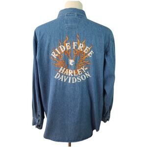 Harley Davidson Blue Denim Vintage Shirt Ride Free Embroidered Flames Back XL